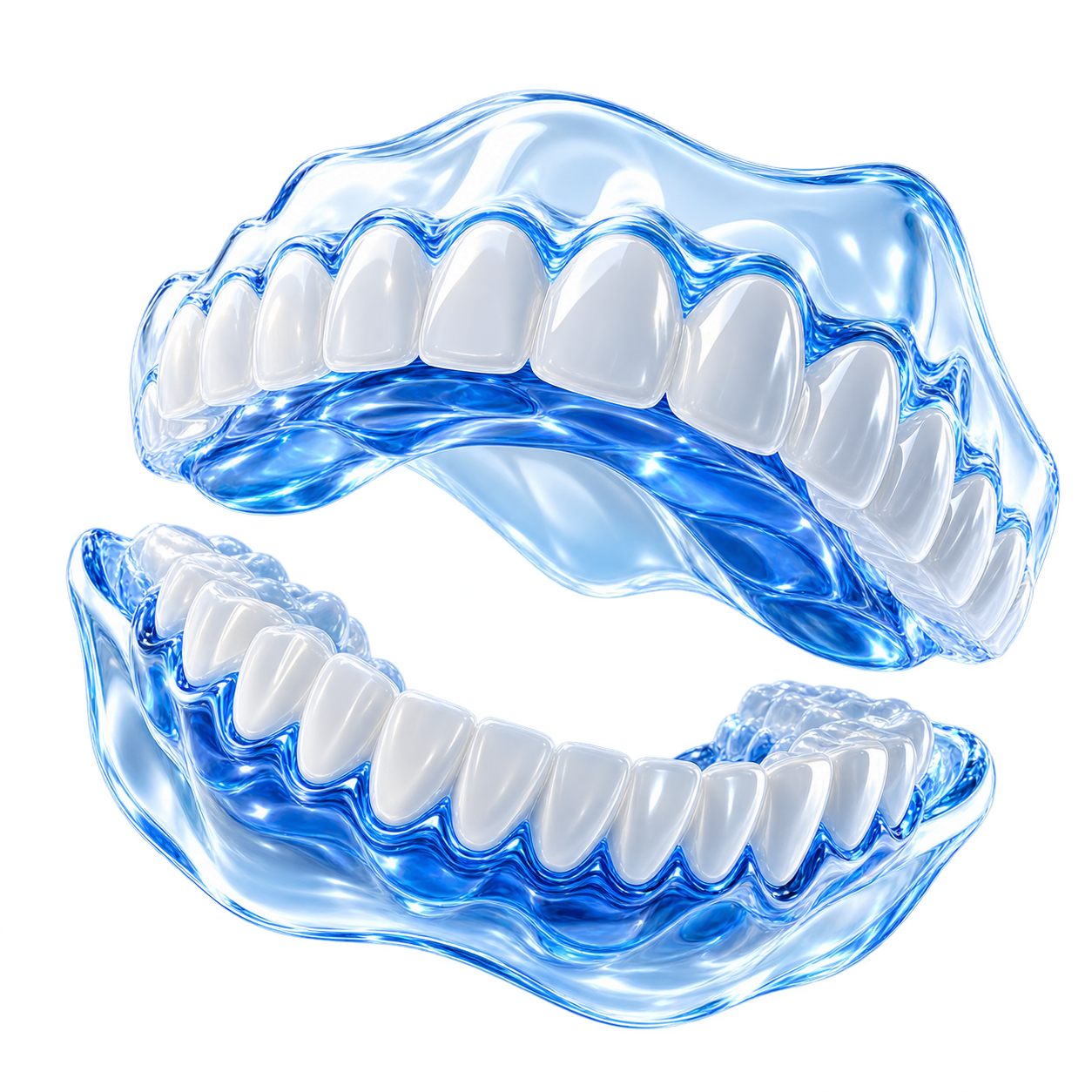 Ilustração conceitual de arcadas dentárias alinhadas em porcelana e resina translúcida